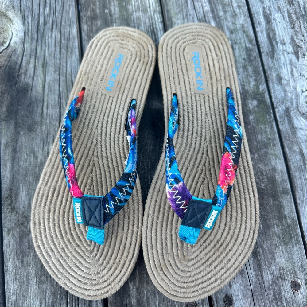ROCKIN' Vibrant Floral Espadrille Flip Flop Sandals - Sz 7 - Picture 2 of 7